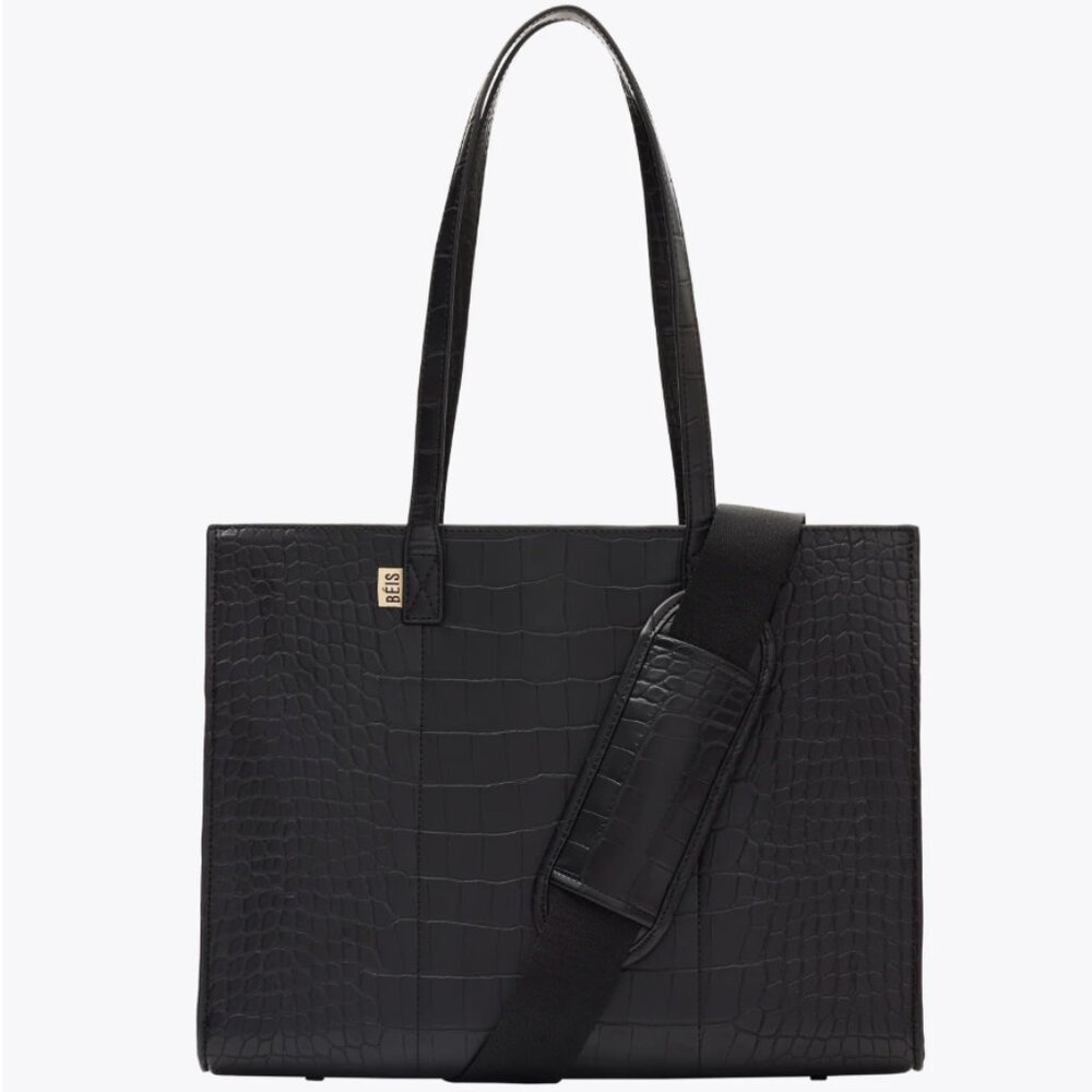 Beis the Work Tote in Black Croc NWOT